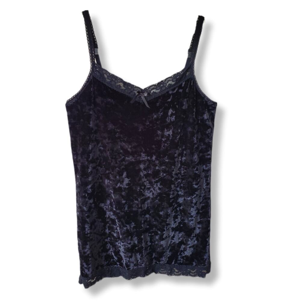 Women Black Crushed Velvet Cami Tank Top S Whimsy Dark Fairy Romance Boho Goth